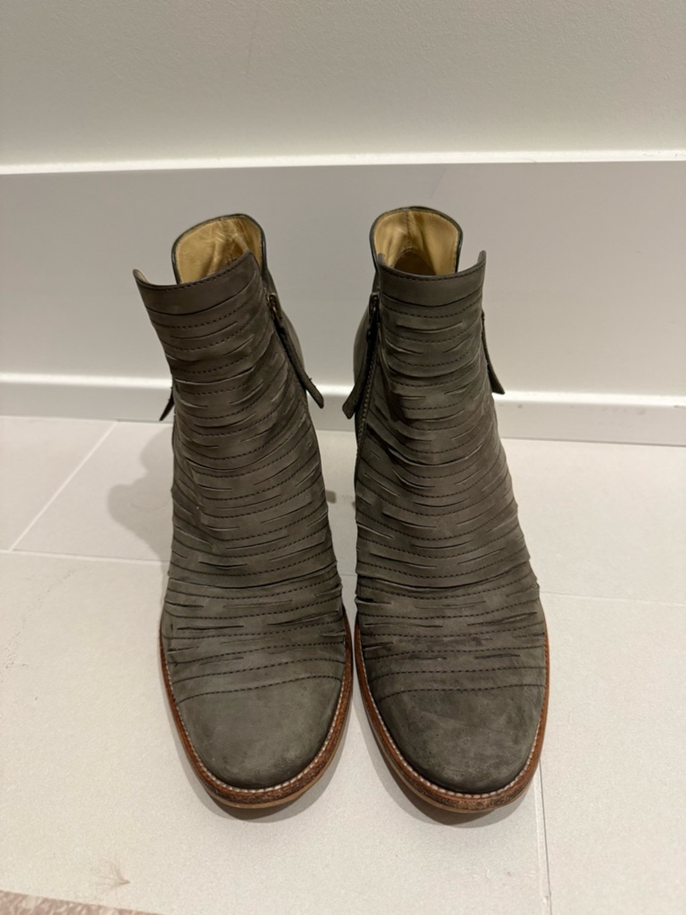 Paul Green Olive Suede Ankle Boots with Layered Straps